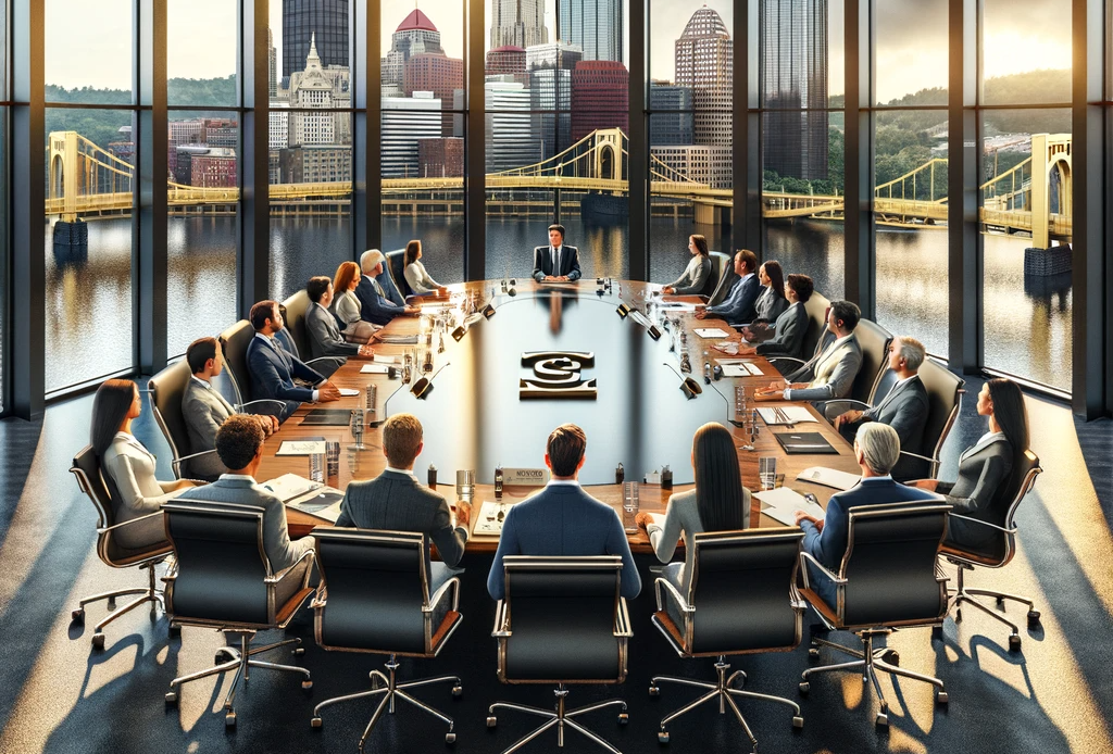 DALL·E 2023 11 10 10.20.31 Create an image of a boardroom scene with consultants incorporating a Pittsburgh PA theme. The room features a large conference table with diverse p